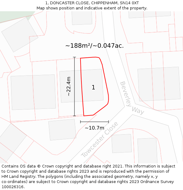 1, DONCASTER CLOSE, CHIPPENHAM, SN14 0XT: Plot and title map