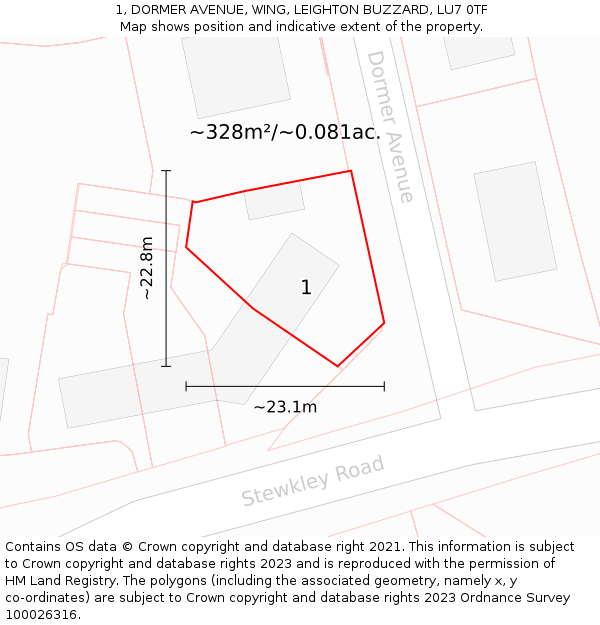 1, DORMER AVENUE, WING, LEIGHTON BUZZARD, LU7 0TF: Plot and title map