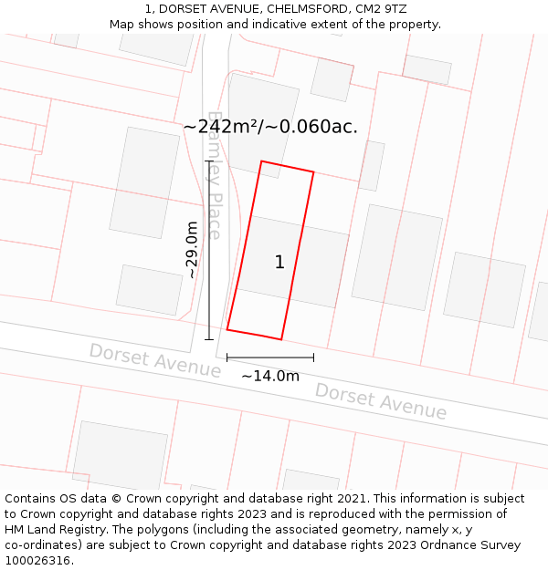 1, DORSET AVENUE, CHELMSFORD, CM2 9TZ: Plot and title map