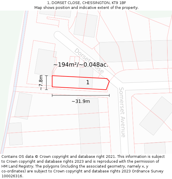 1, DORSET CLOSE, CHESSINGTON, KT9 1BF: Plot and title map