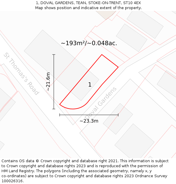 1, DOVAL GARDENS, TEAN, STOKE-ON-TRENT, ST10 4EX: Plot and title map