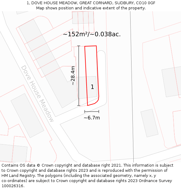 1, DOVE HOUSE MEADOW, GREAT CORNARD, SUDBURY, CO10 0GF: Plot and title map