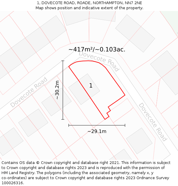 1, DOVECOTE ROAD, ROADE, NORTHAMPTON, NN7 2NE: Plot and title map