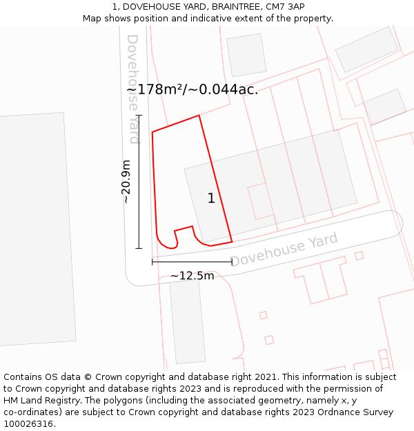 1, DOVEHOUSE YARD, BRAINTREE, CM7 3AP: Plot and title map