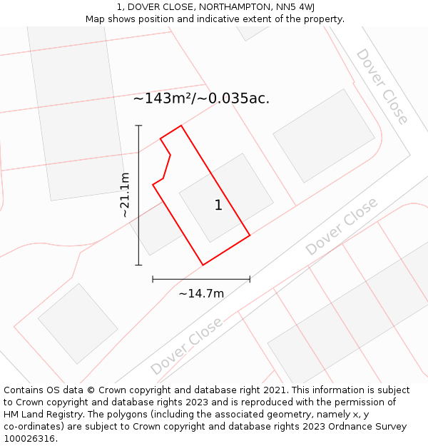 1, DOVER CLOSE, NORTHAMPTON, NN5 4WJ: Plot and title map