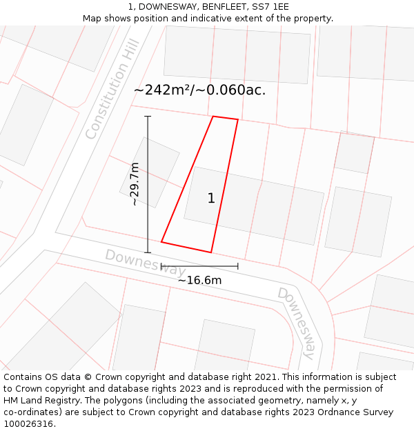 1, DOWNESWAY, BENFLEET, SS7 1EE: Plot and title map