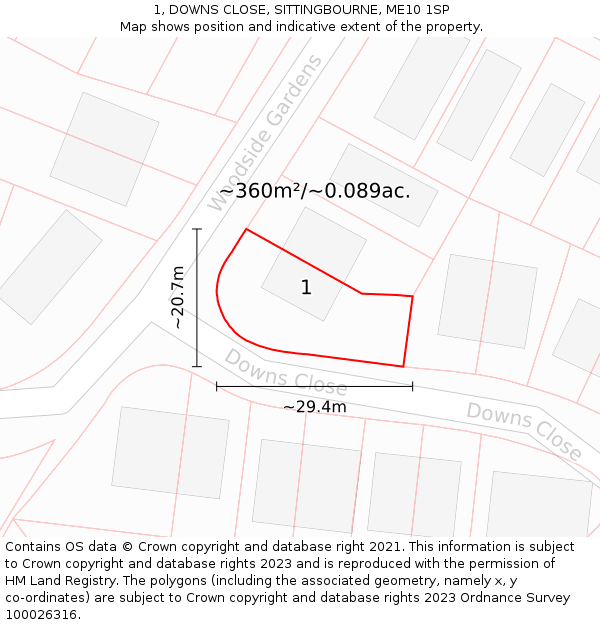 1, DOWNS CLOSE, SITTINGBOURNE, ME10 1SP: Plot and title map