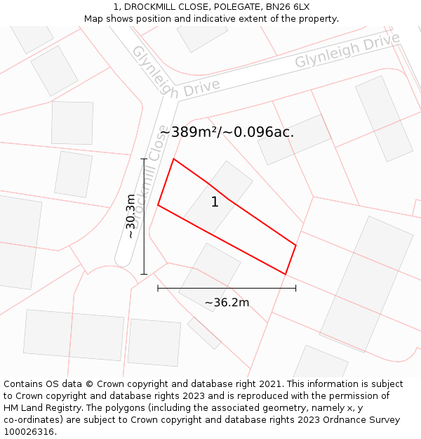 1, DROCKMILL CLOSE, POLEGATE, BN26 6LX: Plot and title map