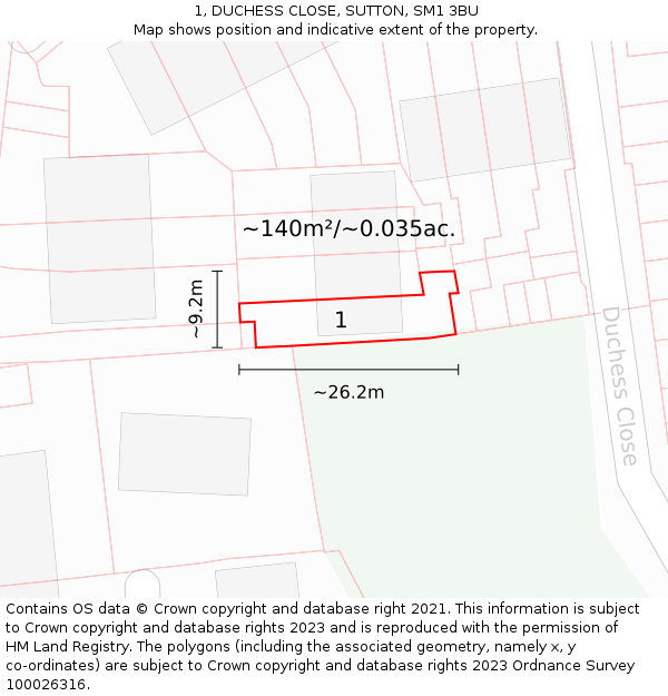 1, DUCHESS CLOSE, SUTTON, SM1 3BU: Plot and title map