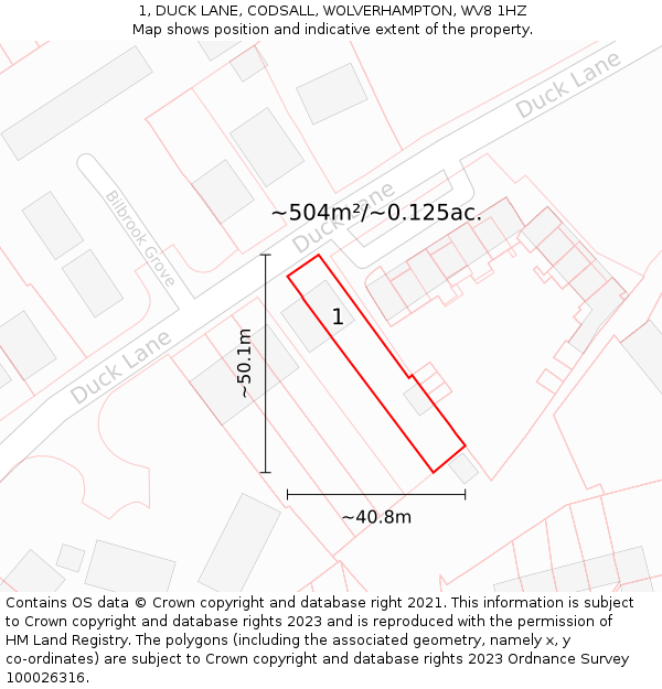 1, DUCK LANE, CODSALL, WOLVERHAMPTON, WV8 1HZ: Plot and title map