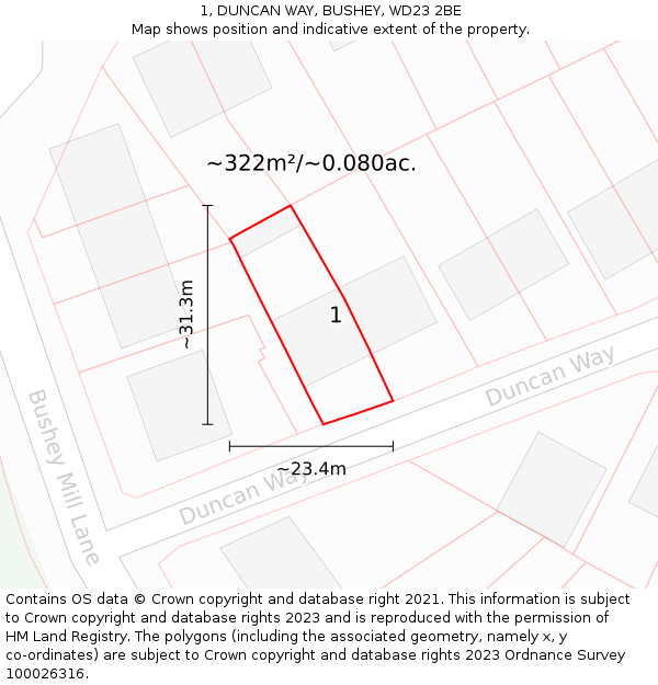 1, DUNCAN WAY, BUSHEY, WD23 2BE: Plot and title map