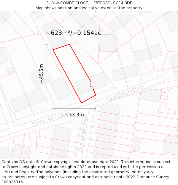 1, DUNCOMBE CLOSE, HERTFORD, SG14 3DB: Plot and title map