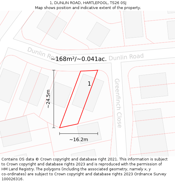 1, DUNLIN ROAD, HARTLEPOOL, TS26 0SJ: Plot and title map