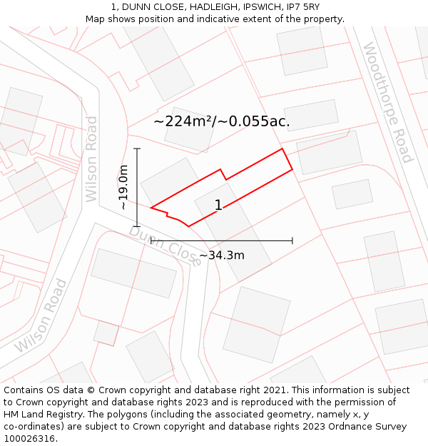 1, DUNN CLOSE, HADLEIGH, IPSWICH, IP7 5RY: Plot and title map