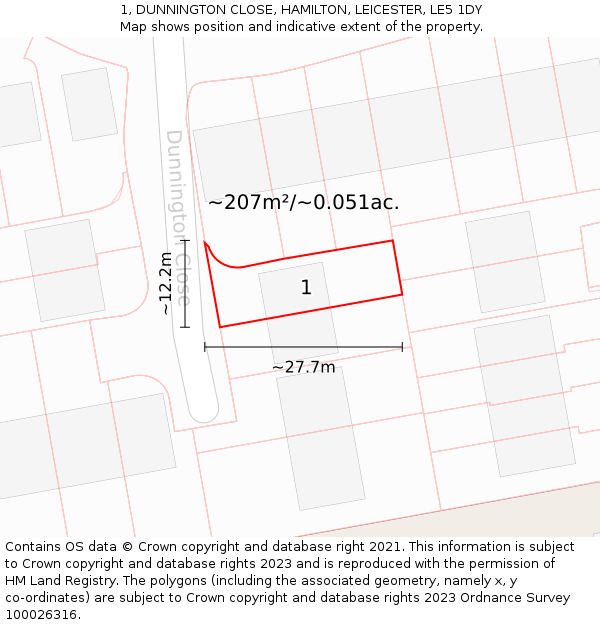 1, DUNNINGTON CLOSE, HAMILTON, LEICESTER, LE5 1DY: Plot and title map