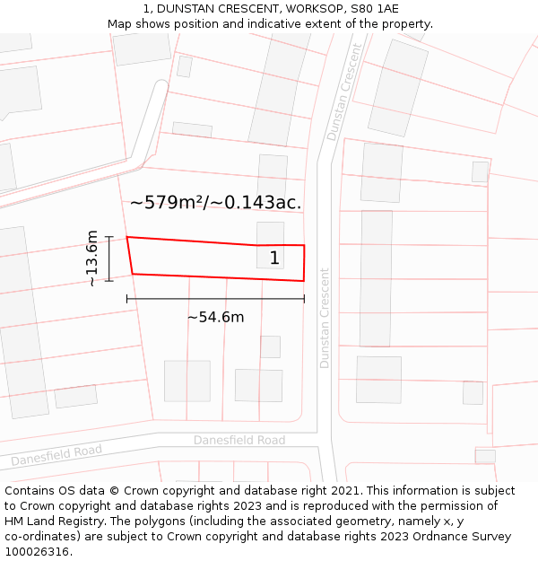 1, DUNSTAN CRESCENT, WORKSOP, S80 1AE: Plot and title map