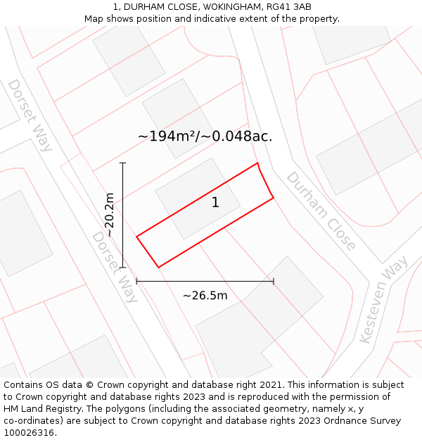1, DURHAM CLOSE, WOKINGHAM, RG41 3AB: Plot and title map