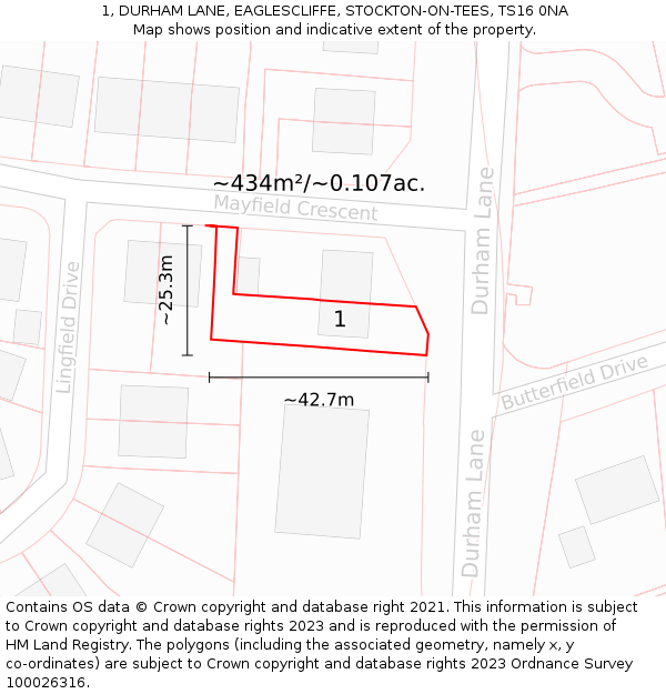 1, DURHAM LANE, EAGLESCLIFFE, STOCKTON-ON-TEES, TS16 0NA: Plot and title map
