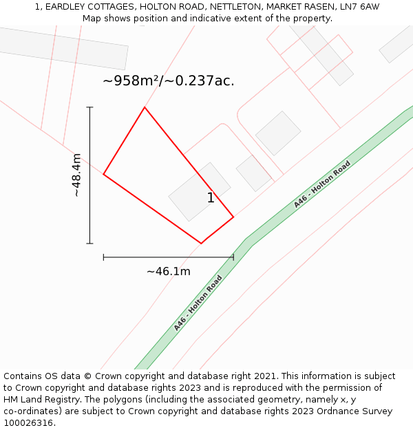1, EARDLEY COTTAGES, HOLTON ROAD, NETTLETON, MARKET RASEN, LN7 6AW: Plot and title map