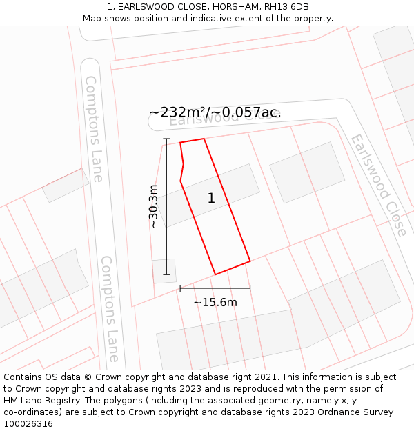 1, EARLSWOOD CLOSE, HORSHAM, RH13 6DB: Plot and title map