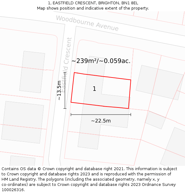 1, EASTFIELD CRESCENT, BRIGHTON, BN1 8EL: Plot and title map