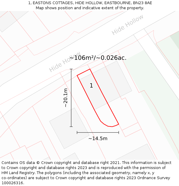 1, EASTONS COTTAGES, HIDE HOLLOW, EASTBOURNE, BN23 8AE: Plot and title map