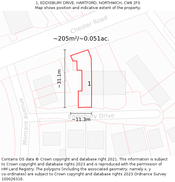 1, EDDISBURY DRIVE, HARTFORD, NORTHWICH, CW8 2FS: Plot and title map
