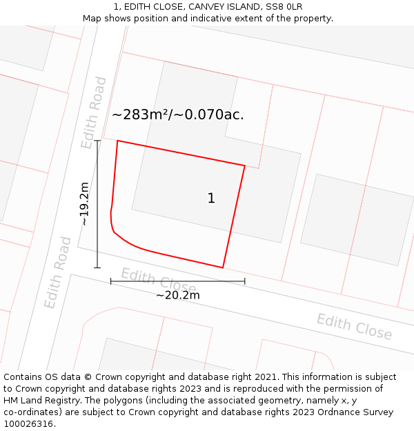 1, EDITH CLOSE, CANVEY ISLAND, SS8 0LR: Plot and title map