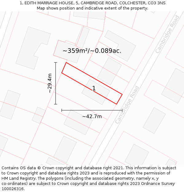 1, EDITH MARRIAGE HOUSE, 5, CAMBRIDGE ROAD, COLCHESTER, CO3 3NS: Plot and title map