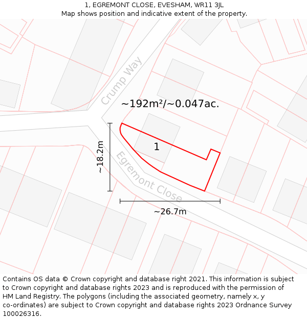 1, EGREMONT CLOSE, EVESHAM, WR11 3JL: Plot and title map