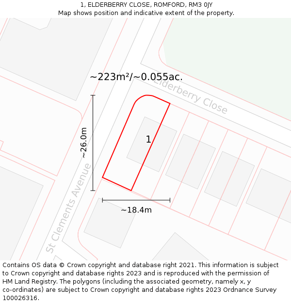 1, ELDERBERRY CLOSE, ROMFORD, RM3 0JY: Plot and title map