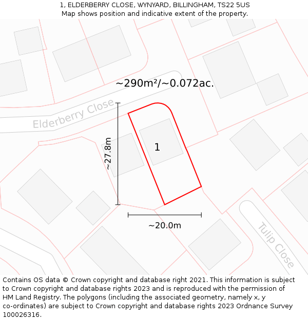 1, ELDERBERRY CLOSE, WYNYARD, BILLINGHAM, TS22 5US: Plot and title map
