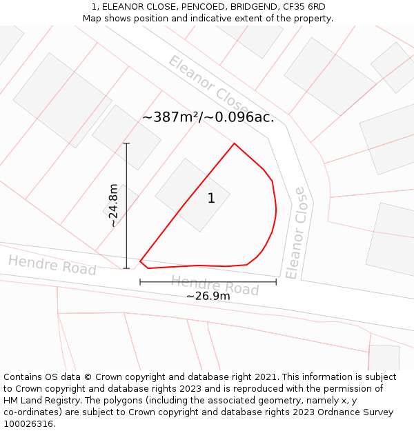 1, ELEANOR CLOSE, PENCOED, BRIDGEND, CF35 6RD: Plot and title map