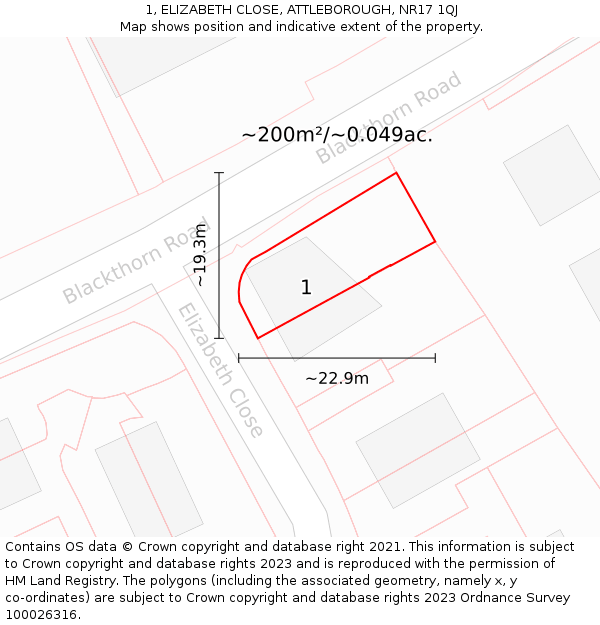 1, ELIZABETH CLOSE, ATTLEBOROUGH, NR17 1QJ: Plot and title map