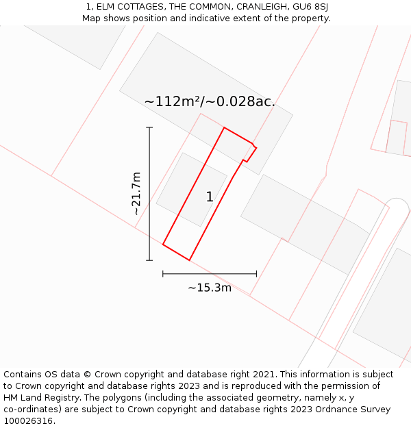 1, ELM COTTAGES, THE COMMON, CRANLEIGH, GU6 8SJ: Plot and title map