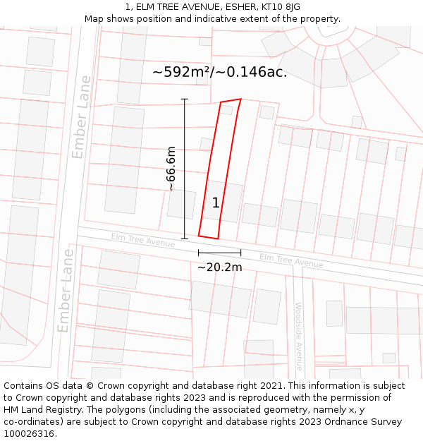 1, ELM TREE AVENUE, ESHER, KT10 8JG: Plot and title map