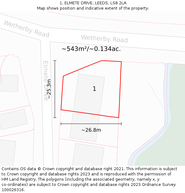 1, ELMETE DRIVE, LEEDS, LS8 2LA: Plot and title map