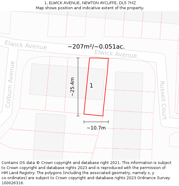1, ELWICK AVENUE, NEWTON AYCLIFFE, DL5 7HZ: Plot and title map