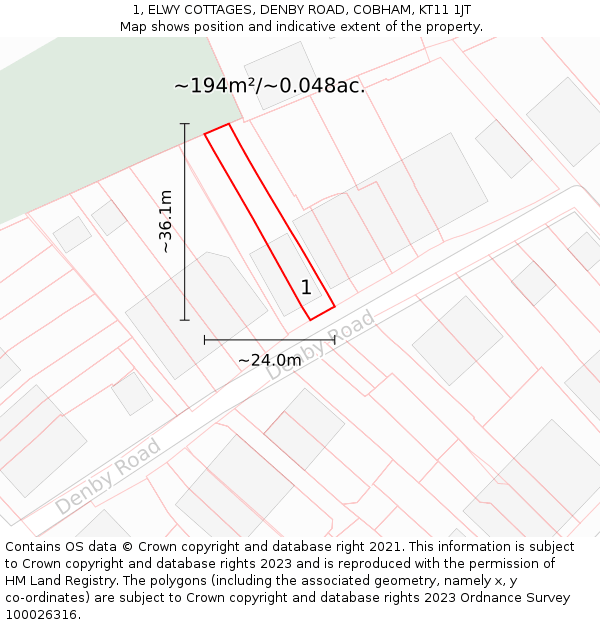 1, ELWY COTTAGES, DENBY ROAD, COBHAM, KT11 1JT: Plot and title map