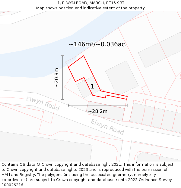 1, ELWYN ROAD, MARCH, PE15 9BT: Plot and title map