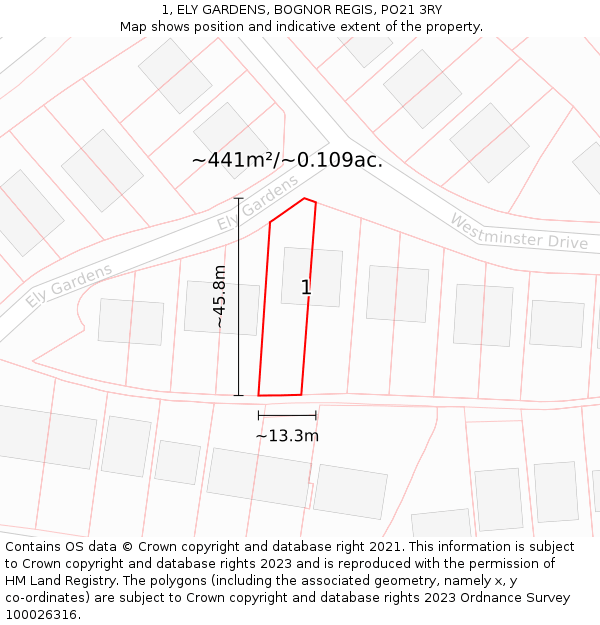 1, ELY GARDENS, BOGNOR REGIS, PO21 3RY: Plot and title map