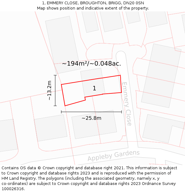 1, EMMERY CLOSE, BROUGHTON, BRIGG, DN20 0SN: Plot and title map