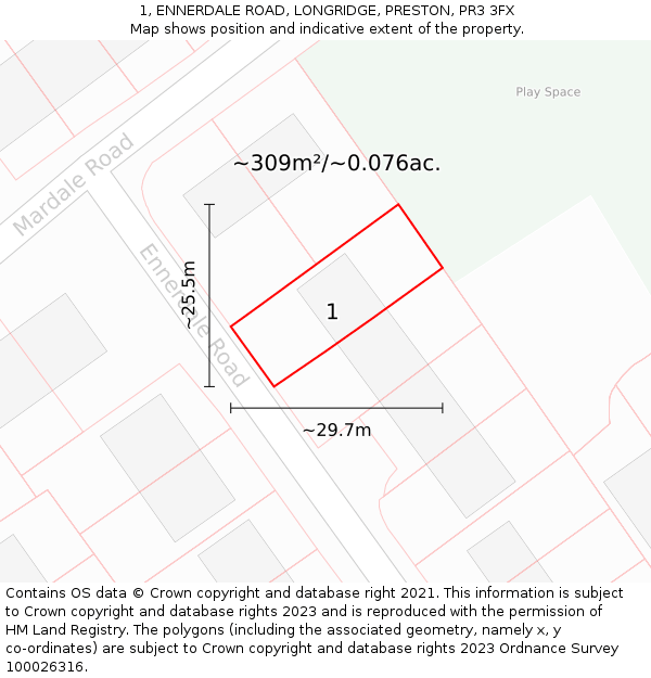 1, ENNERDALE ROAD, LONGRIDGE, PRESTON, PR3 3FX: Plot and title map