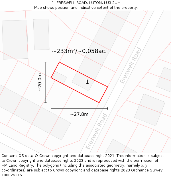 1, ERESWELL ROAD, LUTON, LU3 2UH: Plot and title map