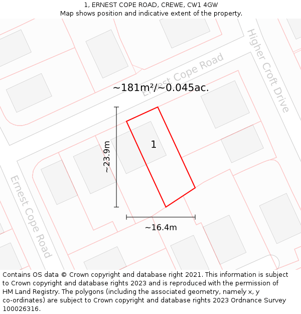 1, ERNEST COPE ROAD, CREWE, CW1 4GW: Plot and title map