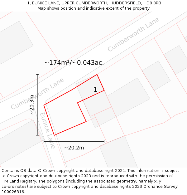 1, EUNICE LANE, UPPER CUMBERWORTH, HUDDERSFIELD, HD8 8PB: Plot and title map