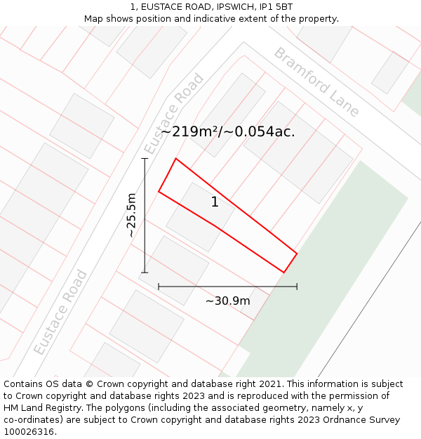 1, EUSTACE ROAD, IPSWICH, IP1 5BT: Plot and title map