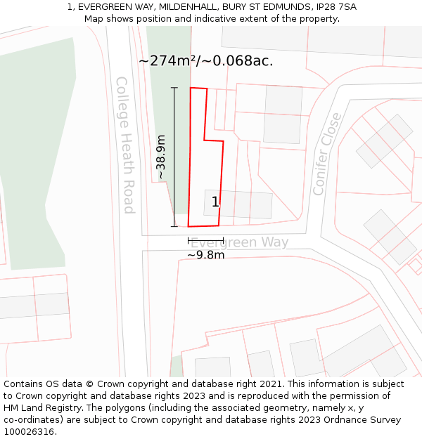 1, EVERGREEN WAY, MILDENHALL, BURY ST EDMUNDS, IP28 7SA: Plot and title map