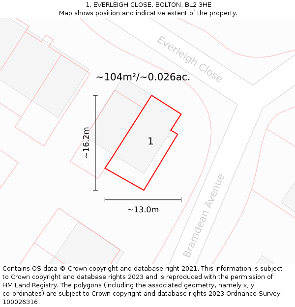 1, EVERLEIGH CLOSE, BOLTON, BL2 3HE: Plot and title map