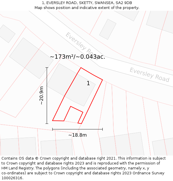 1, EVERSLEY ROAD, SKETTY, SWANSEA, SA2 9DB: Plot and title map
